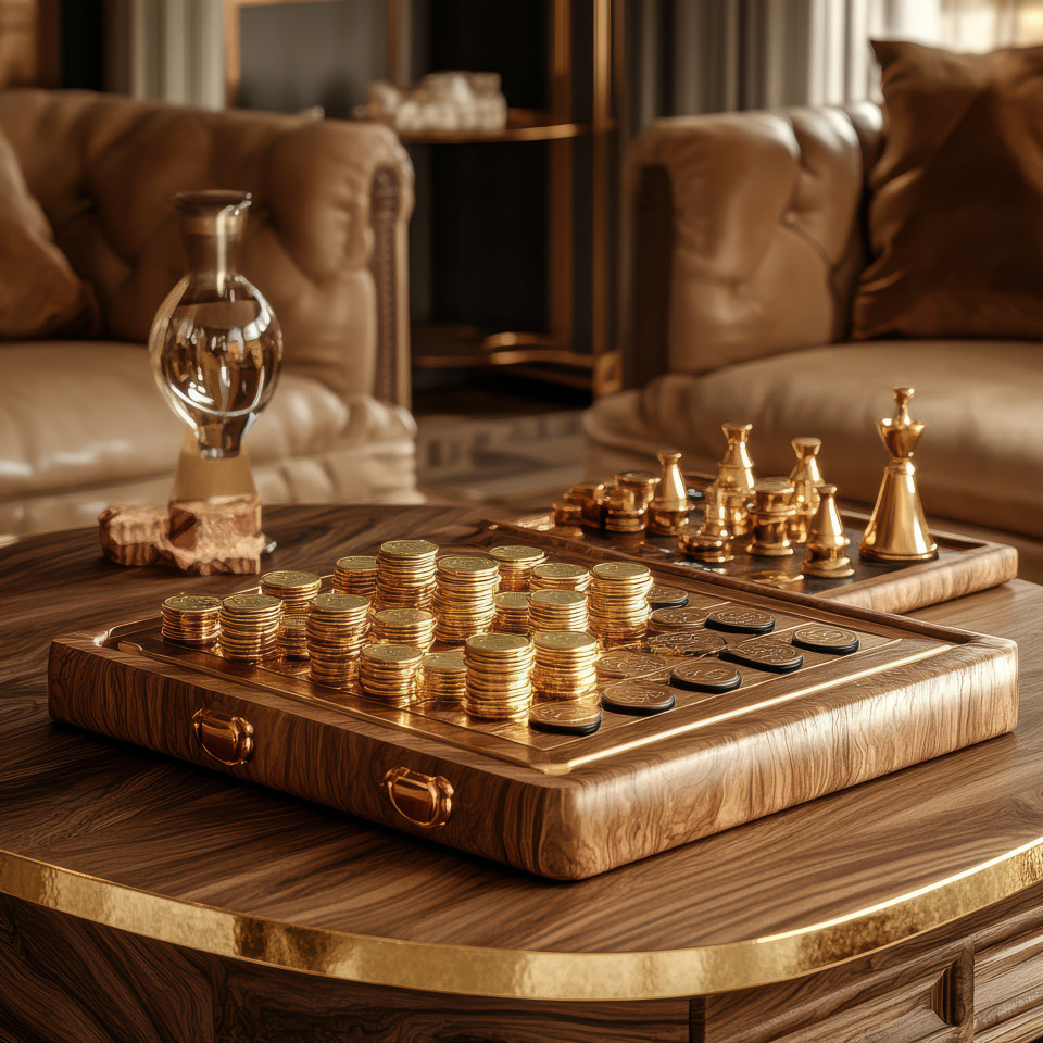 Bank filled with shining gold coins and vaults, wealth and finance theme, great for board game, monopoly, best board games players