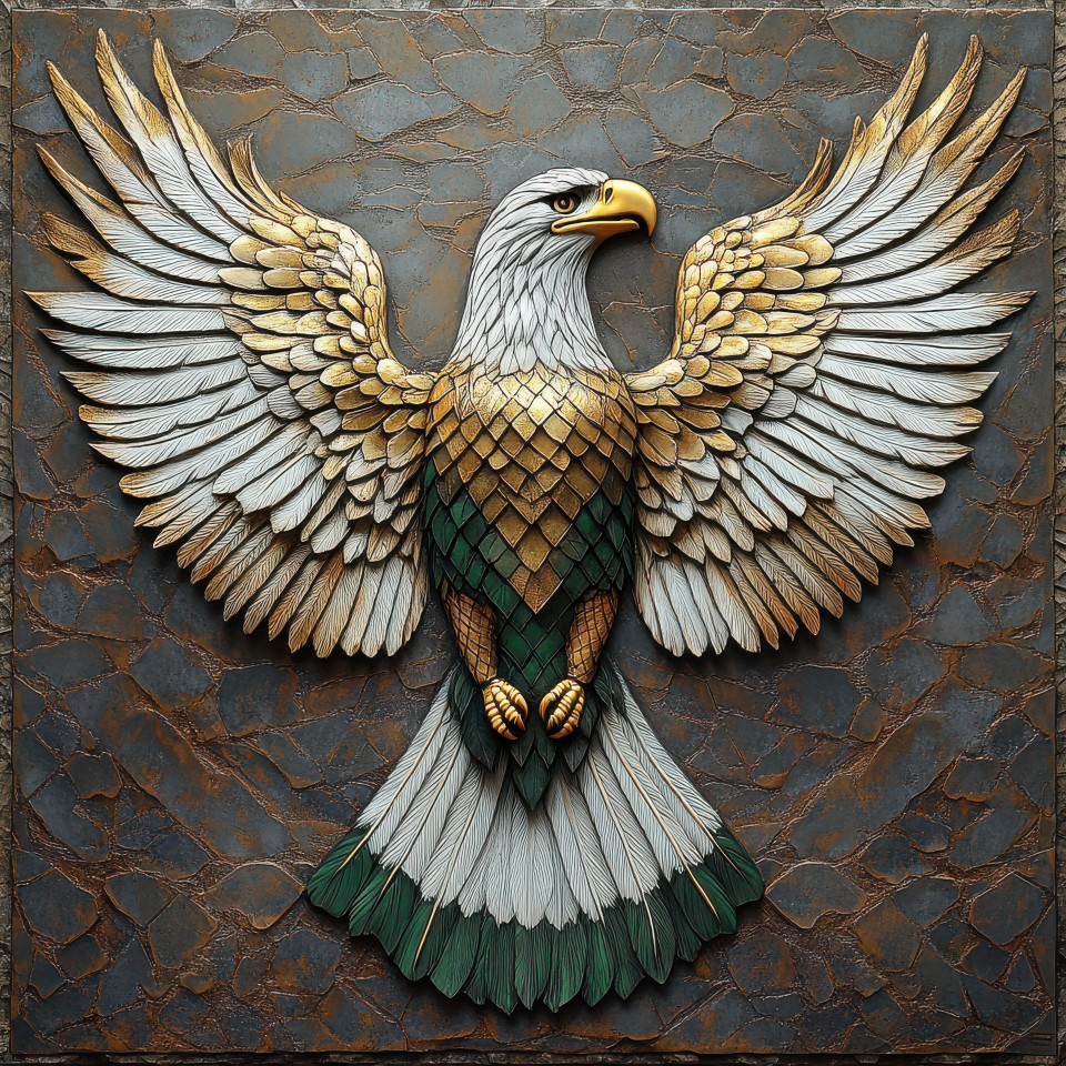 Majestic eagle with spread wings in bas relief art, intricate feather details, powerful pose, symbol of strength and freedom, abstract bas relief carving