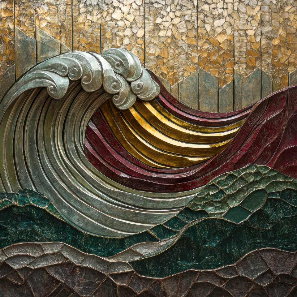 Waves crashing on a rocky shore, dynamic bas relief art, ocean movement captured in carved details, abstract bas relief seascape, nature inspired design
