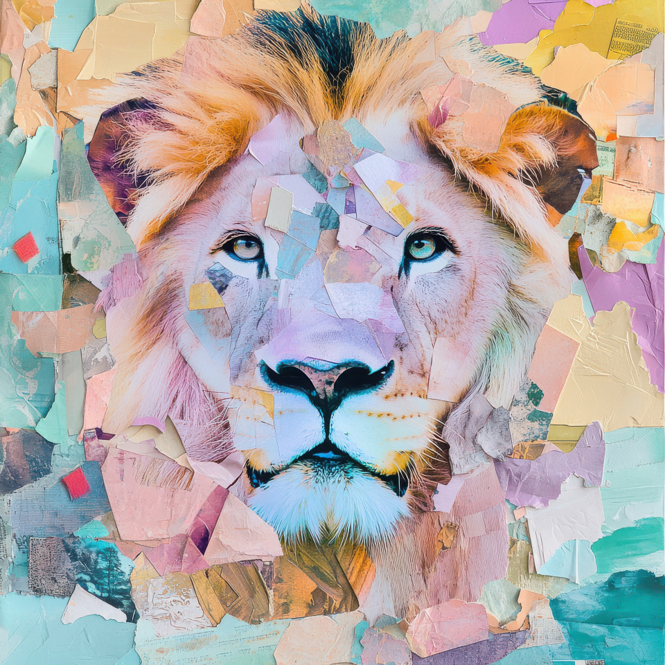Collage lion crafted from torn paper textures, blending colors and shapes to form a fierce wildlife portrait. perfect for collage maker enthusiasts and photo collage maker projects