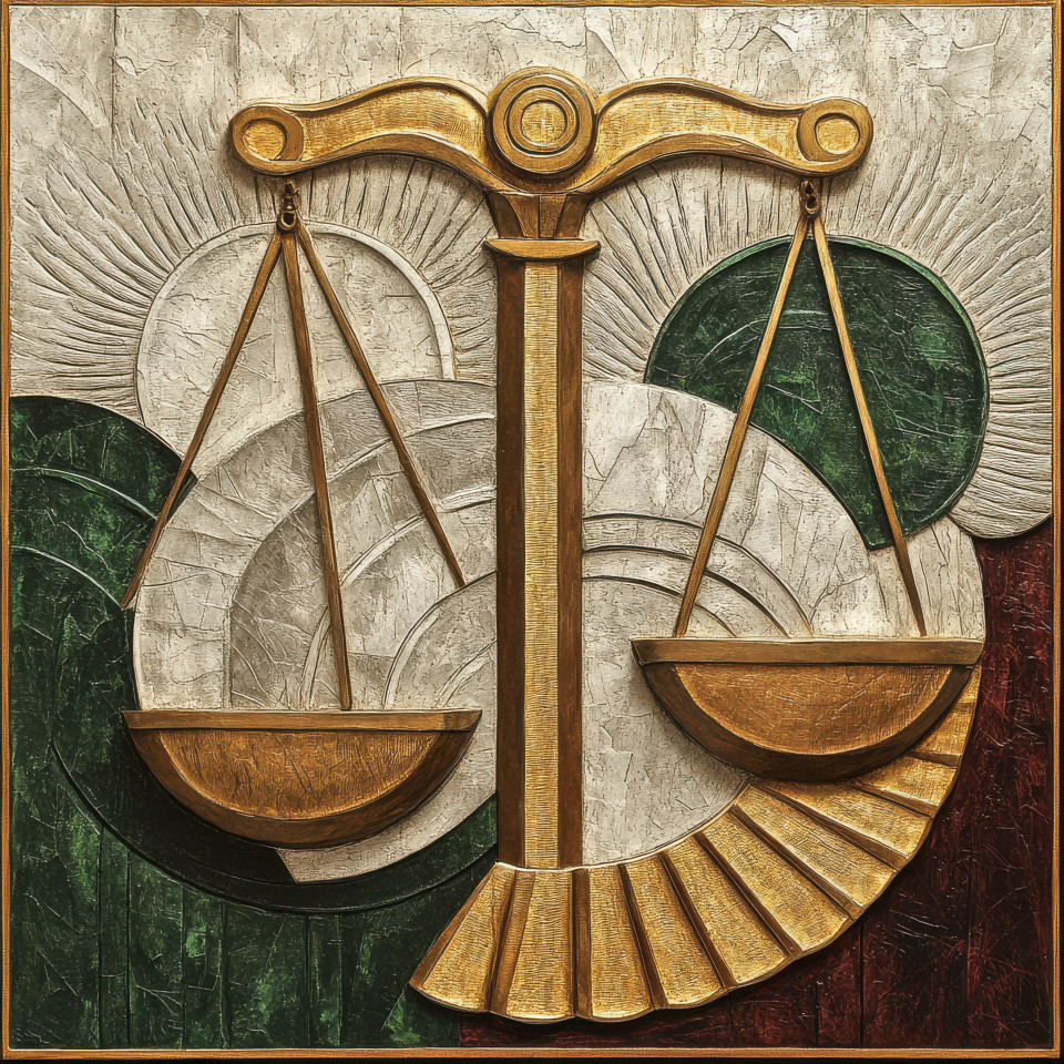 Stacked gold coins with a balance scale in bas relief, wealth and justice concept, financial stability, intricate abstract bas relief art