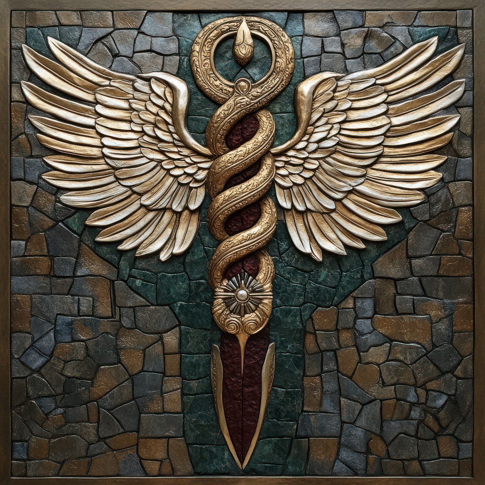 Caduceus symbol with wings in bas relief, classic medical emblem, serpents entwined on a staff, healthcare and healing concept, abstract bas relief art