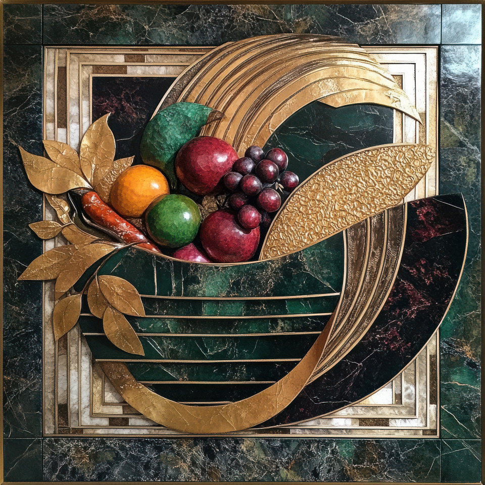 Fruit basket with carved details in bas relief, realistic textured carving, abundance and harvest theme, decorative abstract bas relief art