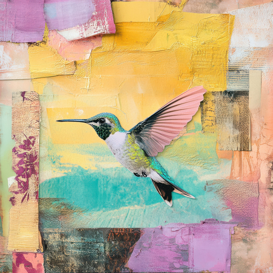 Layered collage hummingbird soaring with intricate paper textures, showcasing movement and vibrant artistry. great for collage maker and photo collage maker creative designs