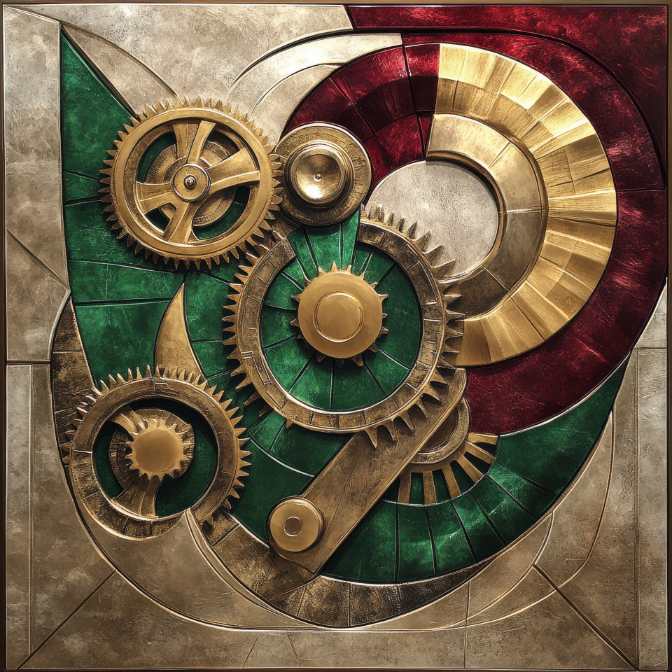 Interlocking gears and cogs in bas relief, mechanical precision, industrial engineering theme, abstract bas relief art with intricate details