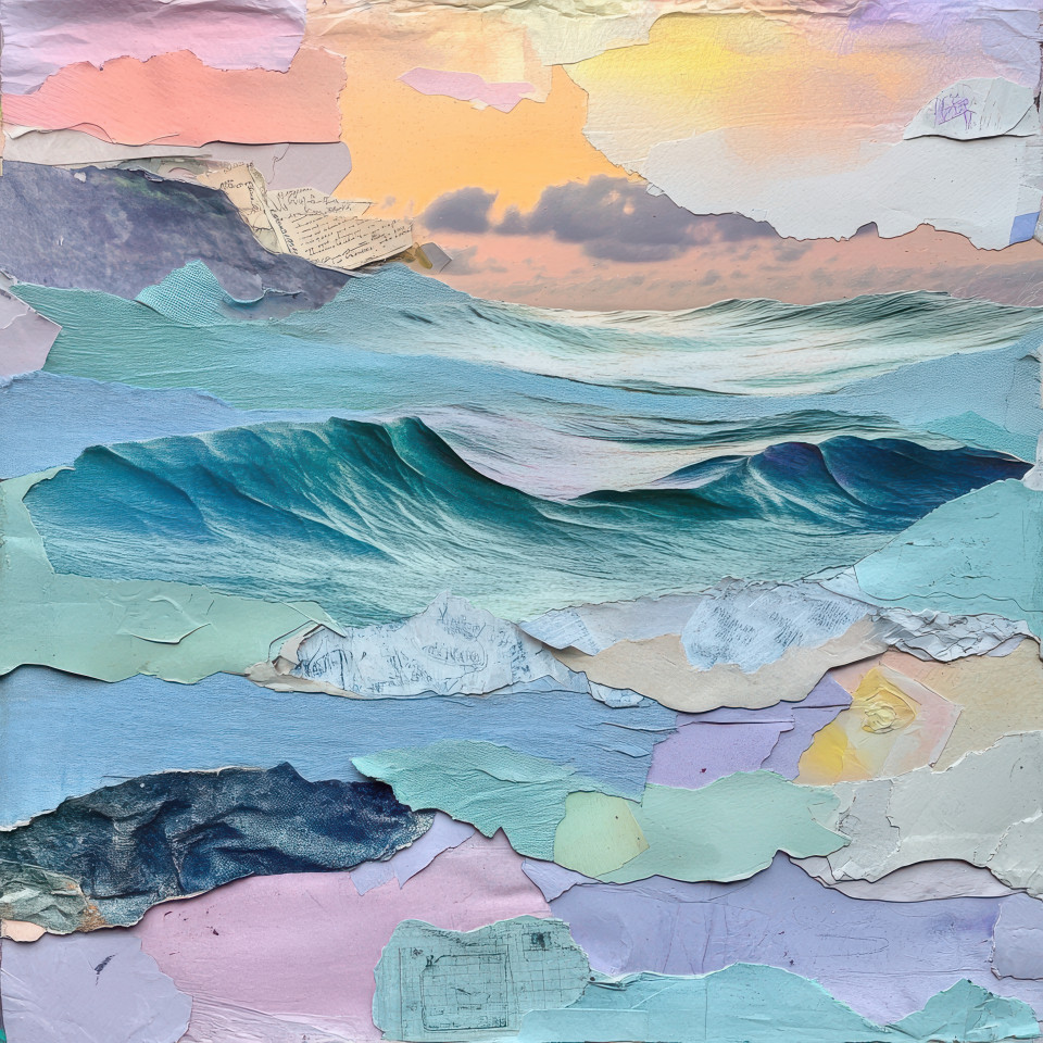 Abstract collage waves flowing from blue fabric scraps, forming a textured ocean inspired scene. ideal for collage maker and photo collage maker artistic compositions