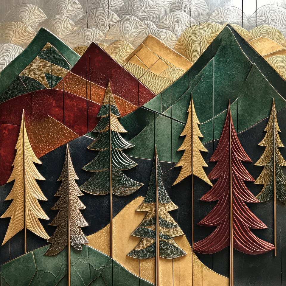 Mountain range with trees in bas relief, nature landscape with rugged peaks, forest elements, abstract bas relief art inspired by the outdoors