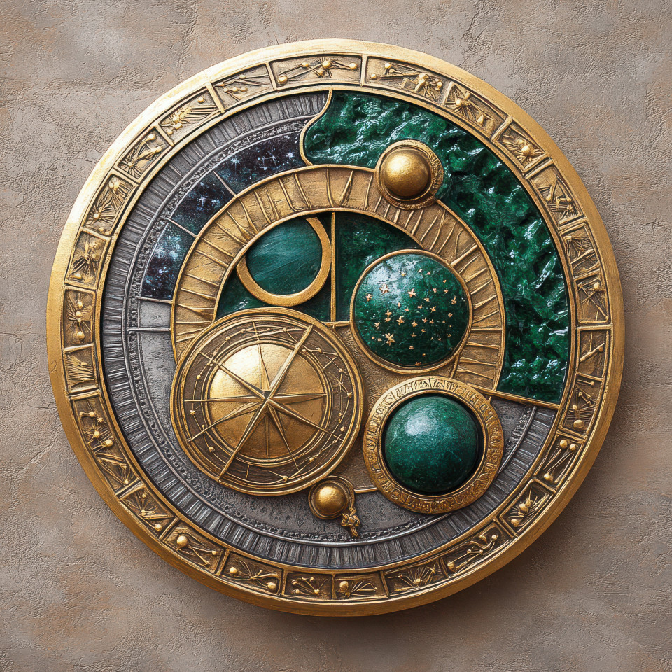 Astrolabe with celestial symbols in bas relief, intricate astronomical instrument, stars and planets theme, abstract bas relief art with cosmic details