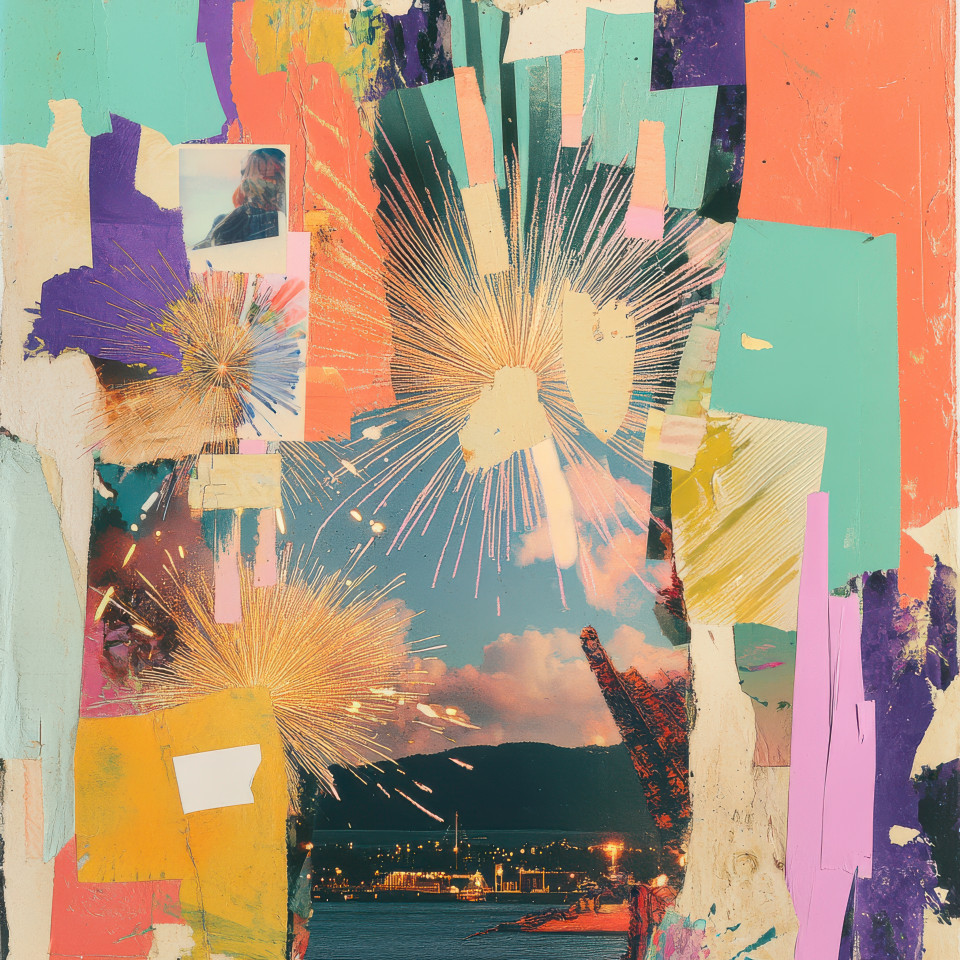 Explosive collage fireworks bursting from bright, abstract shapes, creating a festive and dynamic visual. perfect for collage maker and photo collage maker celebrations