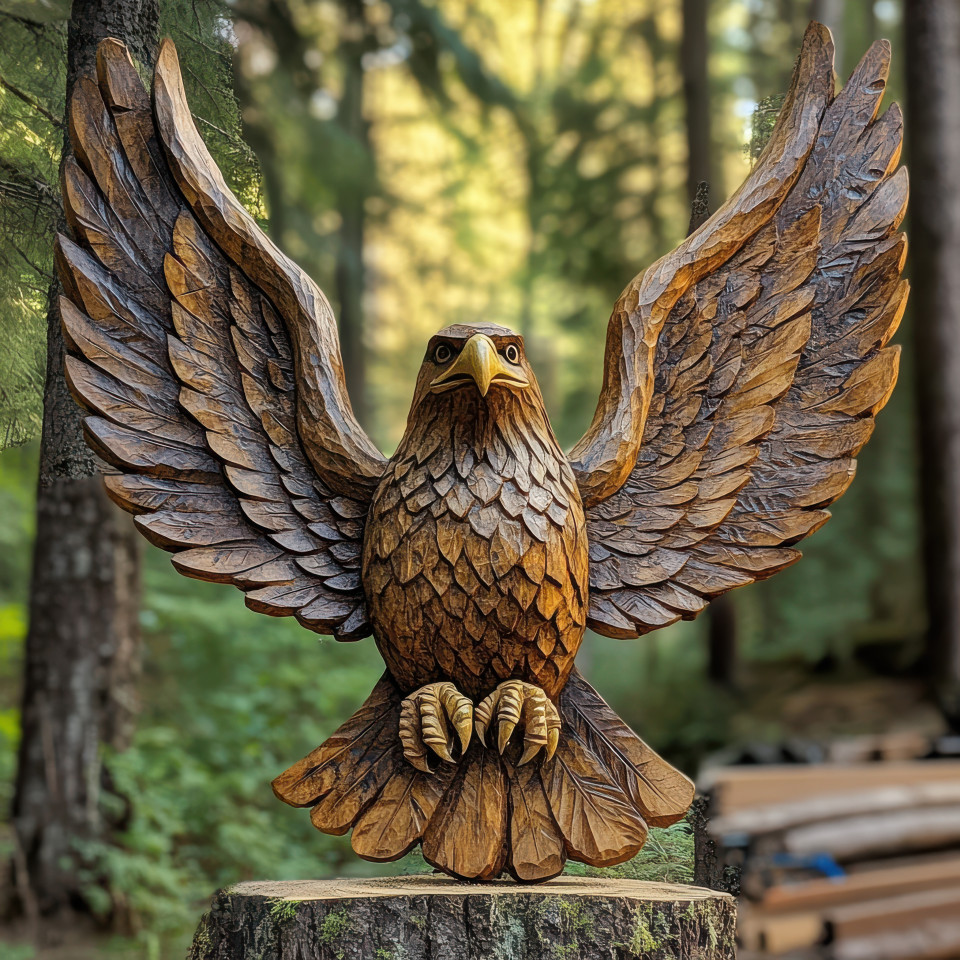 Stone carving of an eagle with spread wings, symbolizing strength and freedom, precision cut rock art captures movement in flight