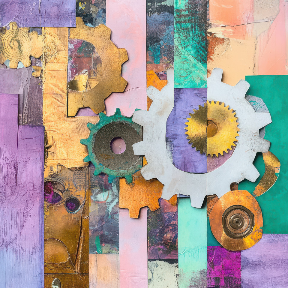 Collage gears cut from metallic textures, symbolizing mechanics, industry, and innovation. a great choice for collage maker and photo collage maker engineering themes