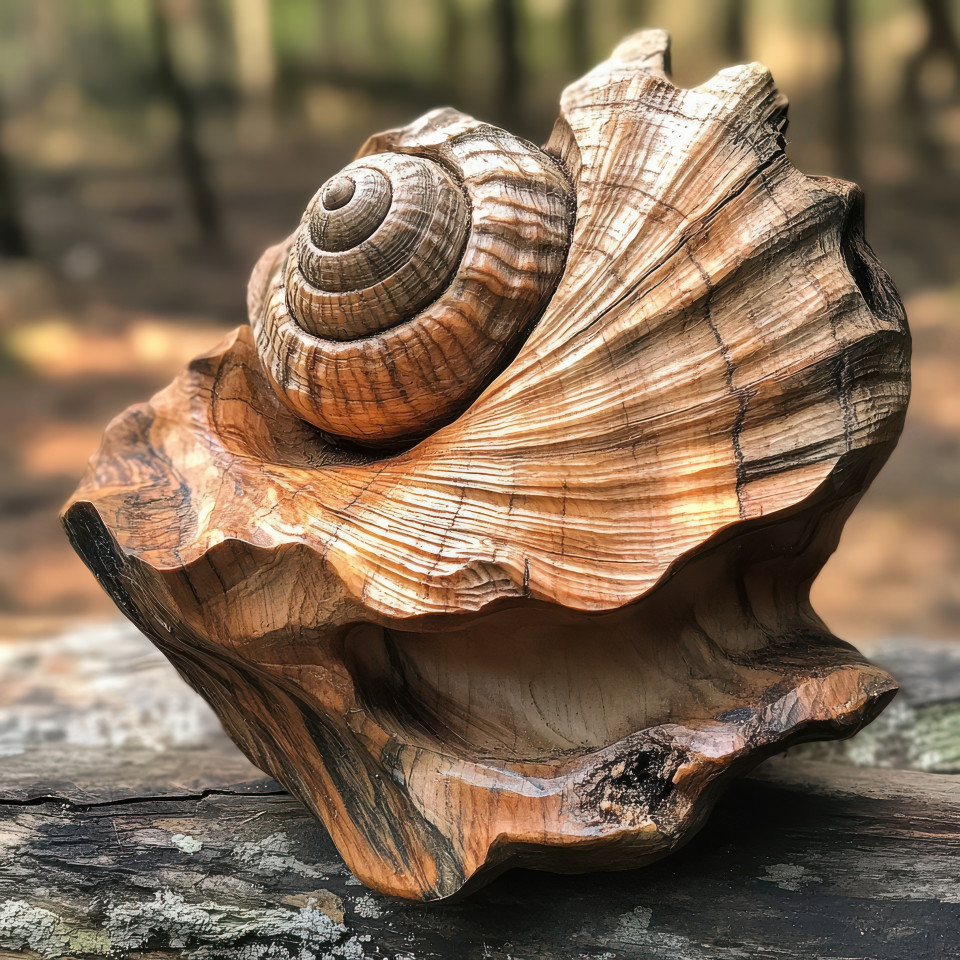 Driftwood carving of a seashell resting on the shore, showcasing intricate ocean inspired craftsmanship, natural wood for carving artistry