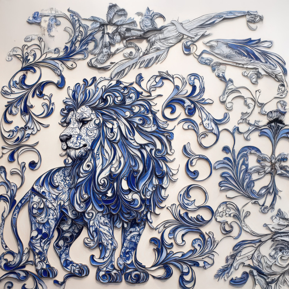 Regal lion with swirling patterns in blue and white tile, azulejo style. elegant credence azulejos design with intricate azulejo arabesco details, symbolizing strength and royalty