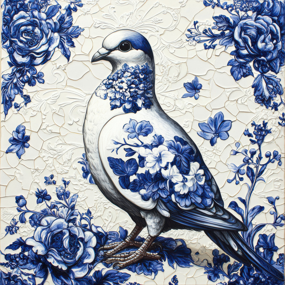 Graceful dove with floral motifs in blue and white tile, azulejo style. symbol of peace and freedom with delicate credence azulejos and azulejo arabesco patterns