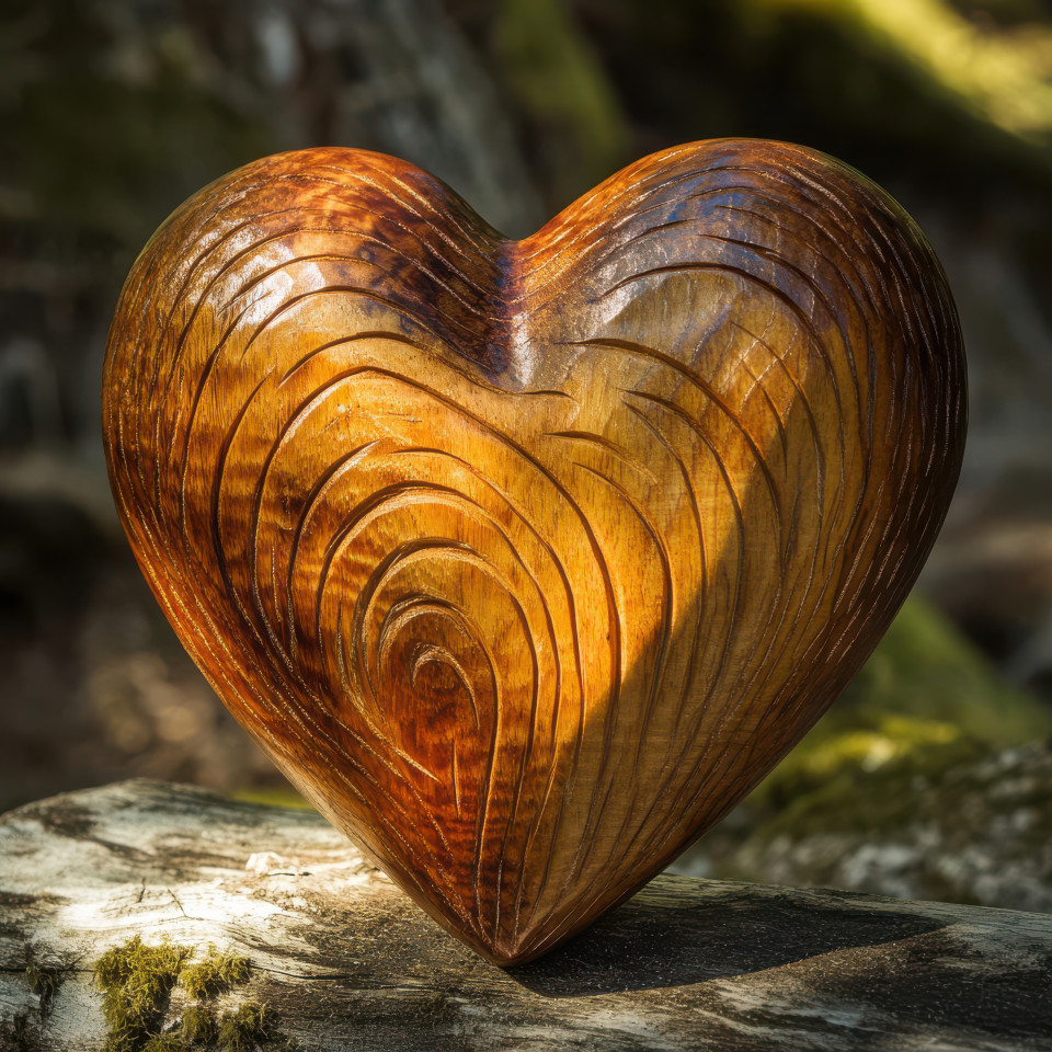 Hand carved wooden heart with pulse lines, representing love and heartbeat rhythm, a unique wood carving symbolizing life and emotion