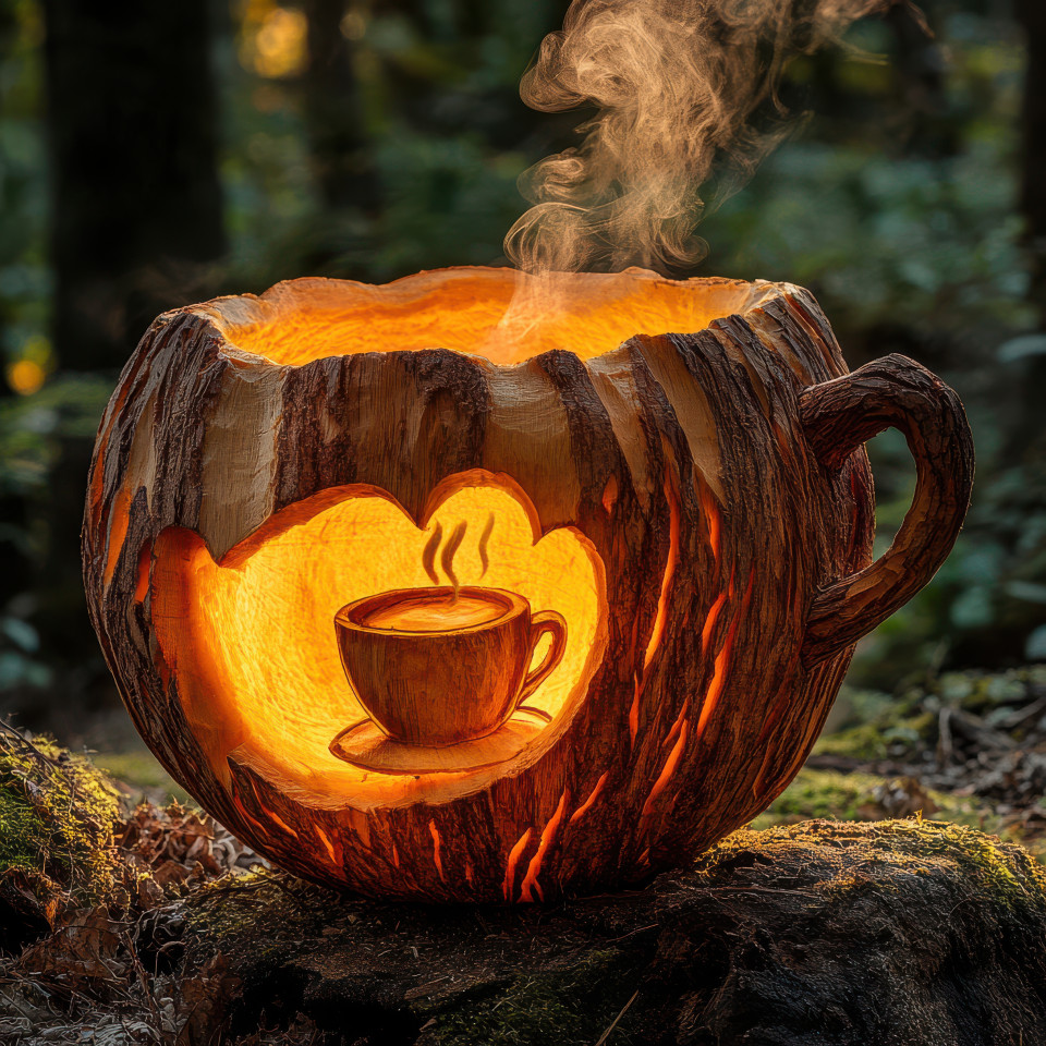 Pumpkin carving of a steaming coffee cup, perfect for autumn and halloween themes, detailed craftsmanship showcasing seasonal creativity
