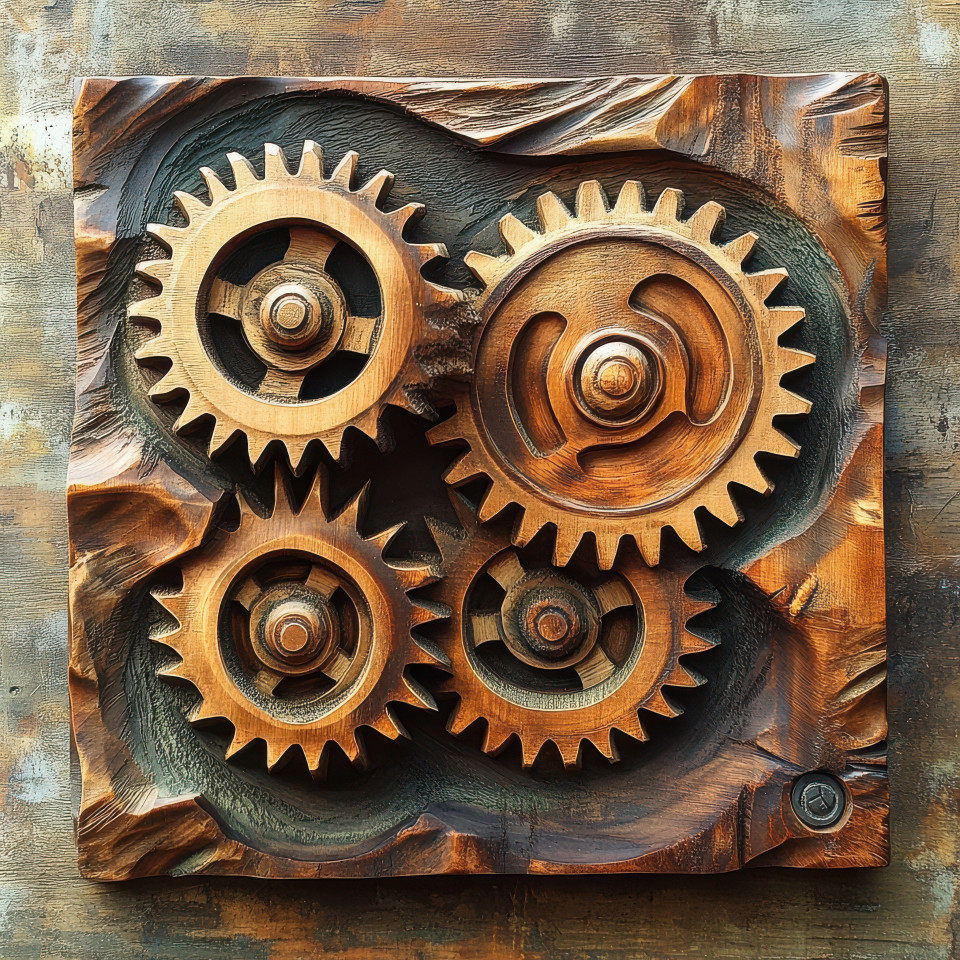 Metal carving of interlocking gears in motion, symbolizing industry and engineering, mechanical precision in artistic metalwork