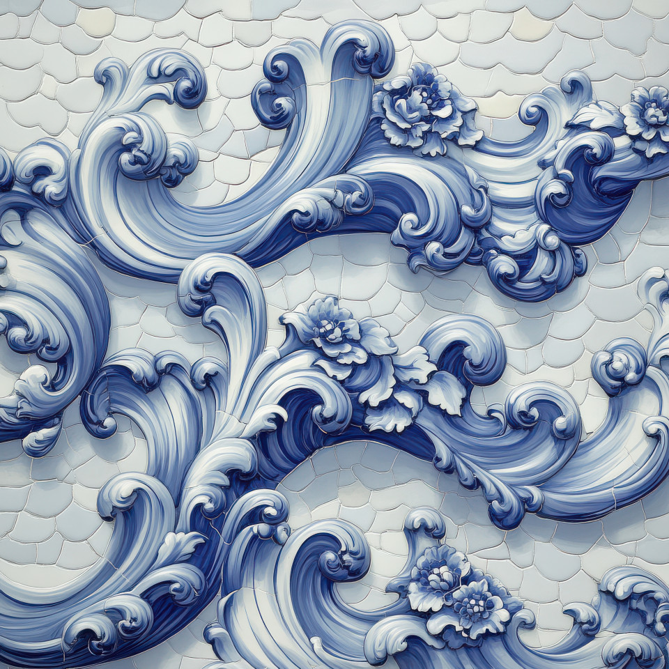 Waves with elegant curls in blue and white tile, azulejo style. flowing credence azulejos with intricate azulejo arabesco designs, capturing ocean movement and timeless beauty