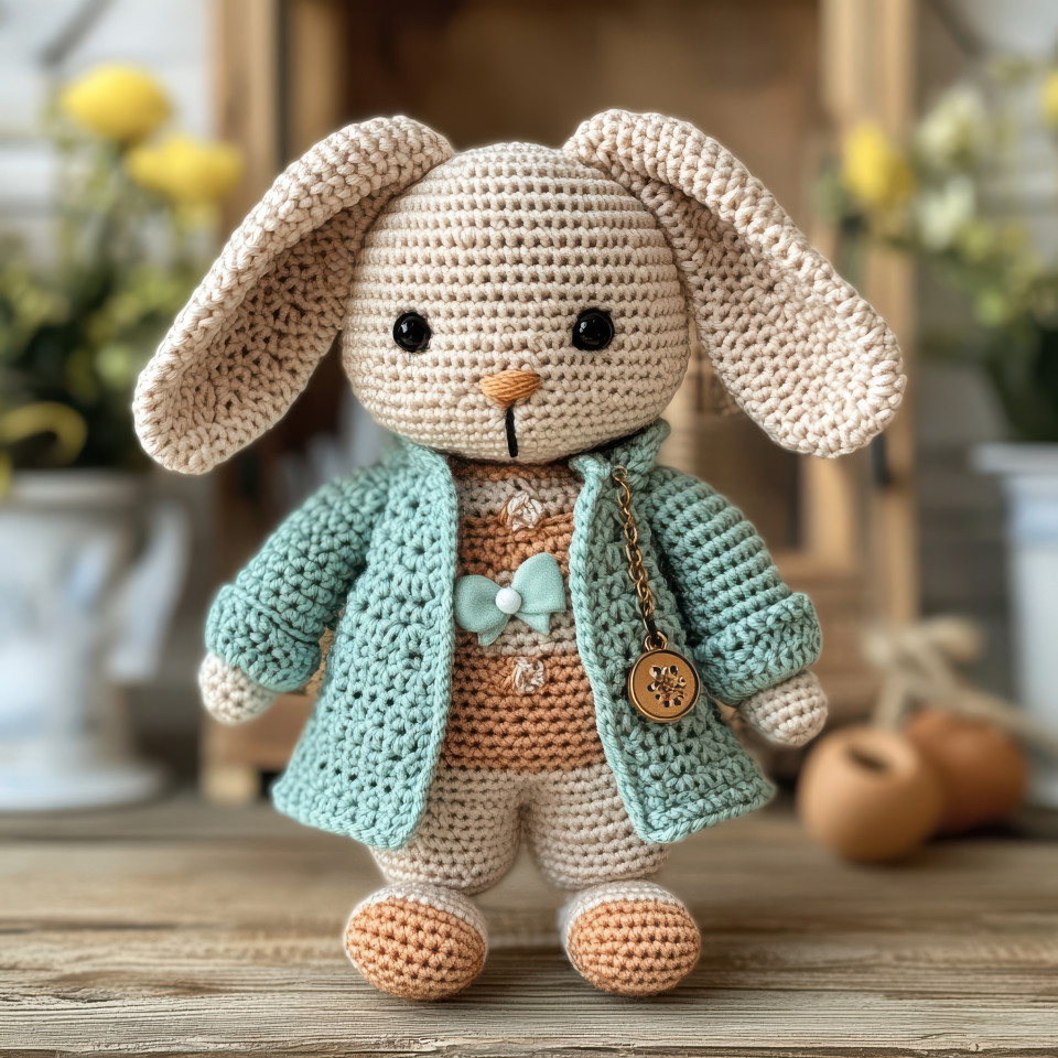Crocheted bunny with floppy ears and charm wearing a detailed crochet top cardigan, soft texture, handmade crochet patterns, adorable stuffed animal, cozy craft design