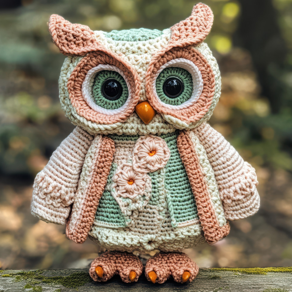 Crocheted owl with wide curious eyes wearing a beautifully detailed crochet top cardigan, intricate crochet patterns, handmade plush toy, charming decor piece