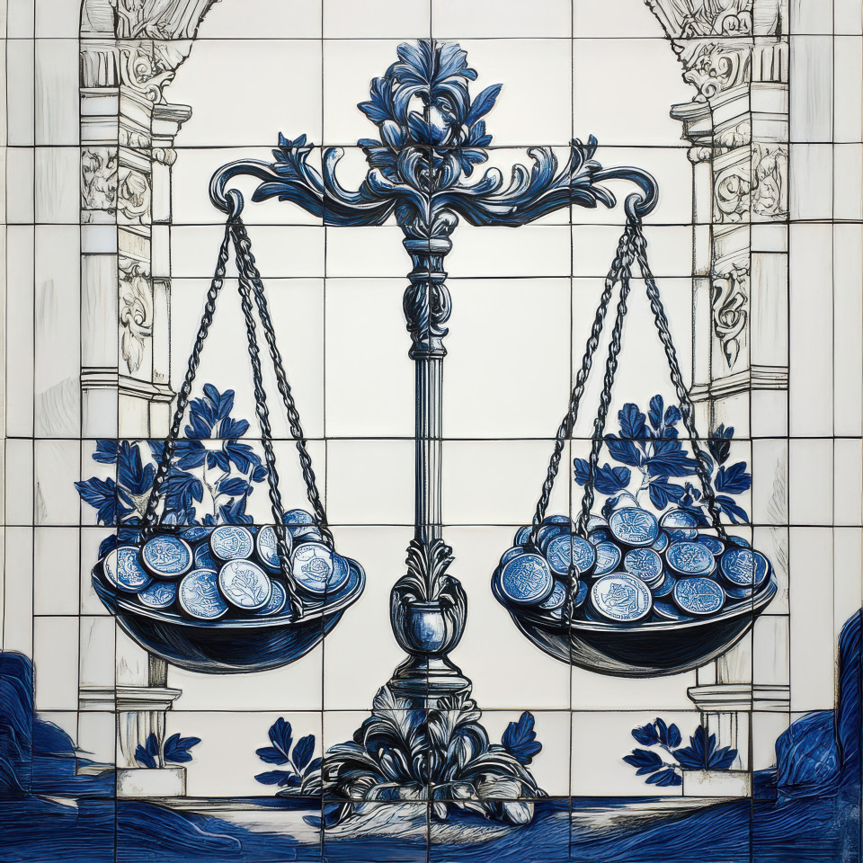 Scales of balance with coins in blue and white tile, azulejo style. symbolizing justice and prosperity, featuring detailed credence azulejos with azulejo arabesco elements