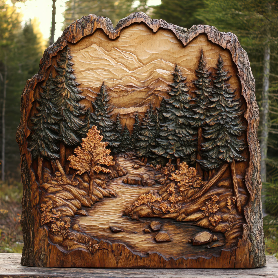 Tree trunk carving of a scenic forest with trees and wildlife, celebrating nature, handcrafted wood for carving landscape design
