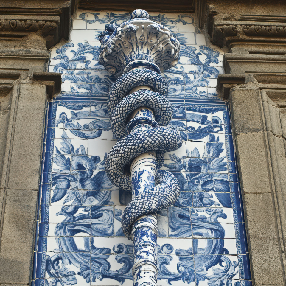 Serpent wrapped rod of asclepius in blue and white tile, azulejo style. medical and healing symbol with intricate credence azulejos and azulejo arabesco patterns