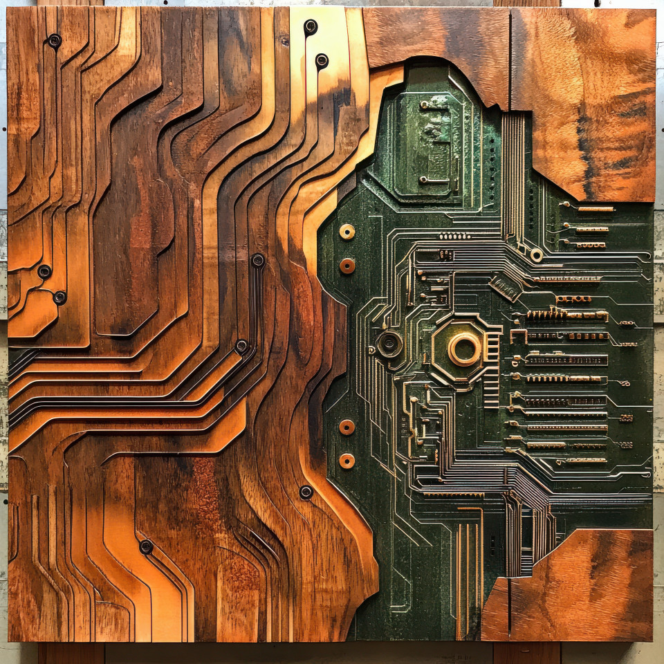 Laser carved circuit patterns on metal, showcasing futuristic technology and precision engineering, high tech engraving with intricate details