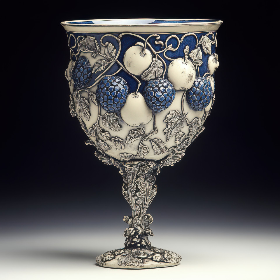 Goblet with fruit and vines in blue and white tile, azulejo style. elegant credence azulejos with azulejo arabesco details, representing abundance and classical beauty