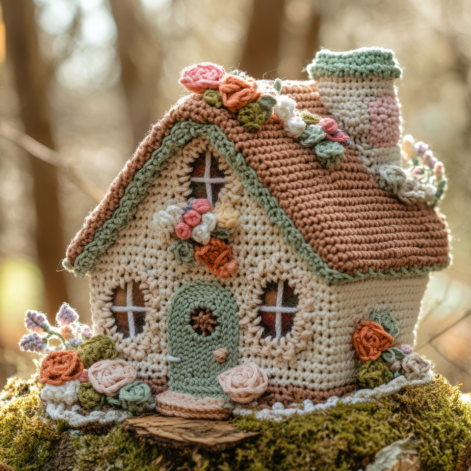 Crocheted cottage with a flowered rooftop wearing a detailed crochet top cardigan, handmade crochet patterns, cozy home decor, miniature soft house, charming craft design
