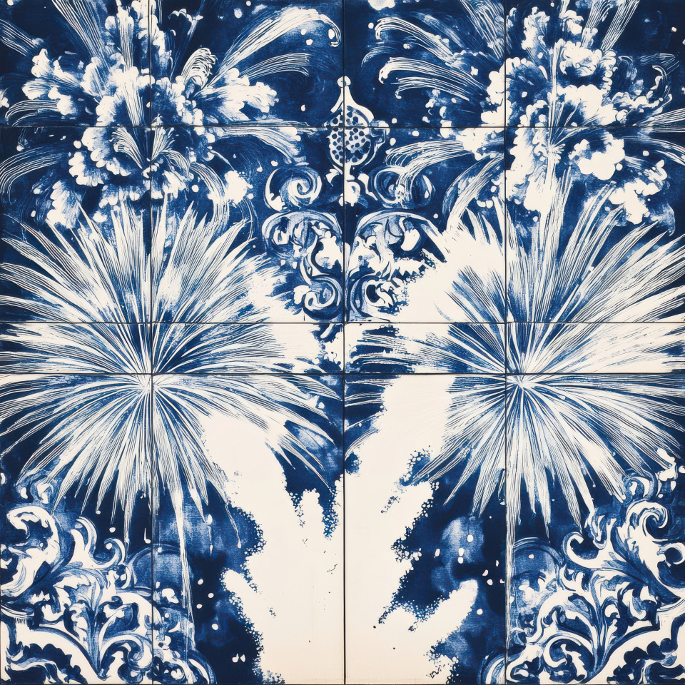 Fireworks bursting in patterns in blue and white tile, azulejo style. vibrant credence azulejos with azulejo arabesco motifs, celebrating joy and festivity