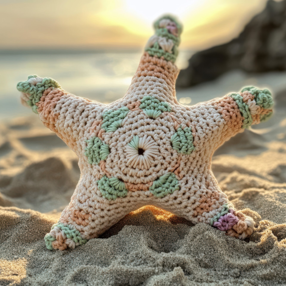 Crocheted starfish resting on soft sand wearing a beautifully detailed crochet top cardigan, beach theme, handmade crochet patterns, ocean inspired decor, cozy sea life plush