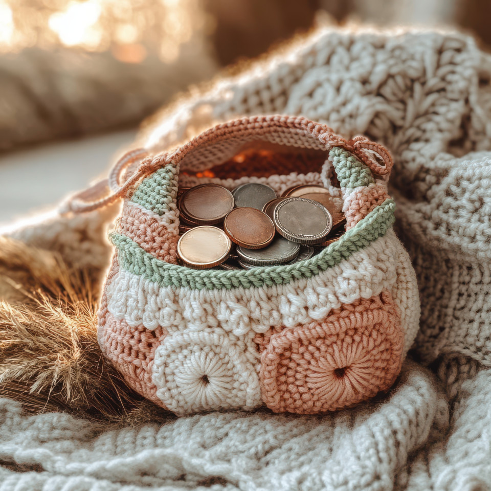 Crocheted coin purse filled with yarn coins wearing a detailed crochet top cardigan, handmade crochet patterns, vintage style pouch, cute craft design, charming soft accessory