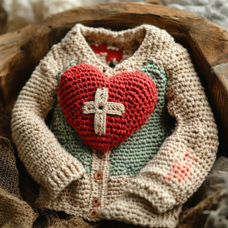 Crocheted red heart with a stitched cross wearing a detailed crochet top cardigan, handmade crochet patterns, symbol of love and care, cozy craft design, unique handmade gift