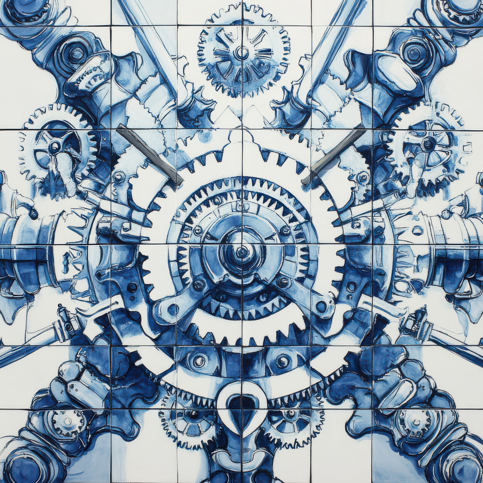 Cogs and tools in symmetry in blue and white tile, azulejo style. mechanical precision meets art with intricate credence azulejos and azulejo arabesco patterns