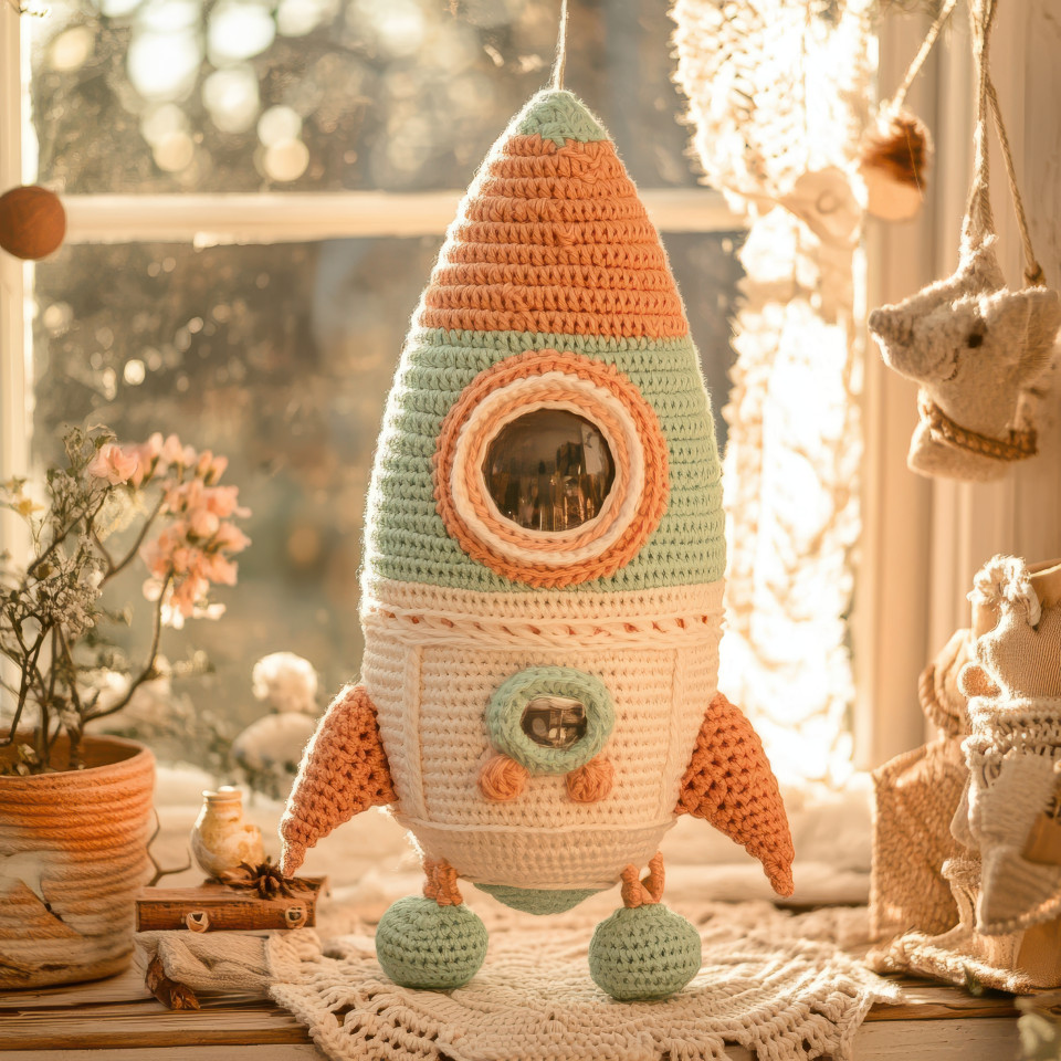 Crocheted rocket launching into space wearing a beautifully detailed crochet top cardigan, handmade crochet patterns, space adventure theme, cute plush, cozy craft design