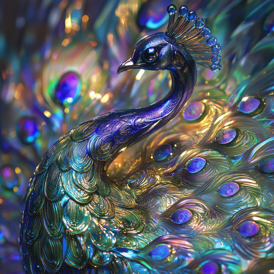 Carnival glass peacock with shimmering feathers reflecting light, intricate details glow in vibrant hues, elegant collectible carnival glass vase, acorn carnival glass decor piece