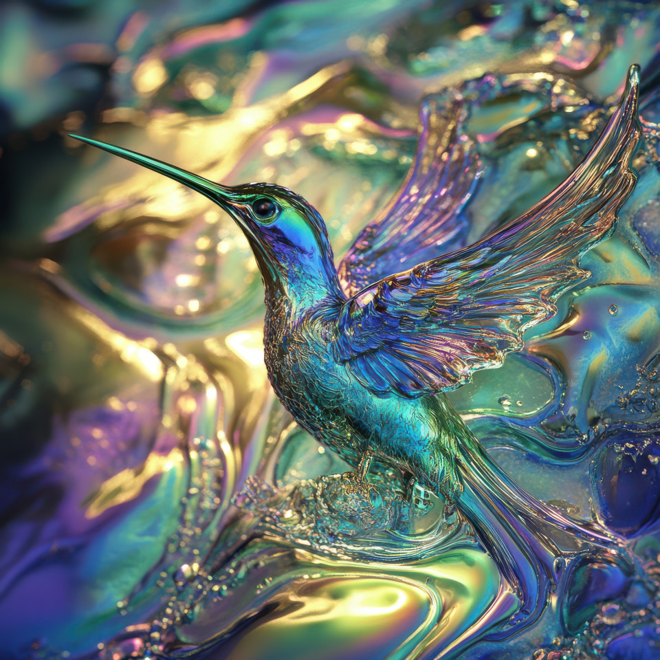 Iridescent carnival glass hummingbird perched gracefully, wings catching the light with radiant colors, delicate collectible carnival glass vase, acorn carnival glass artistry