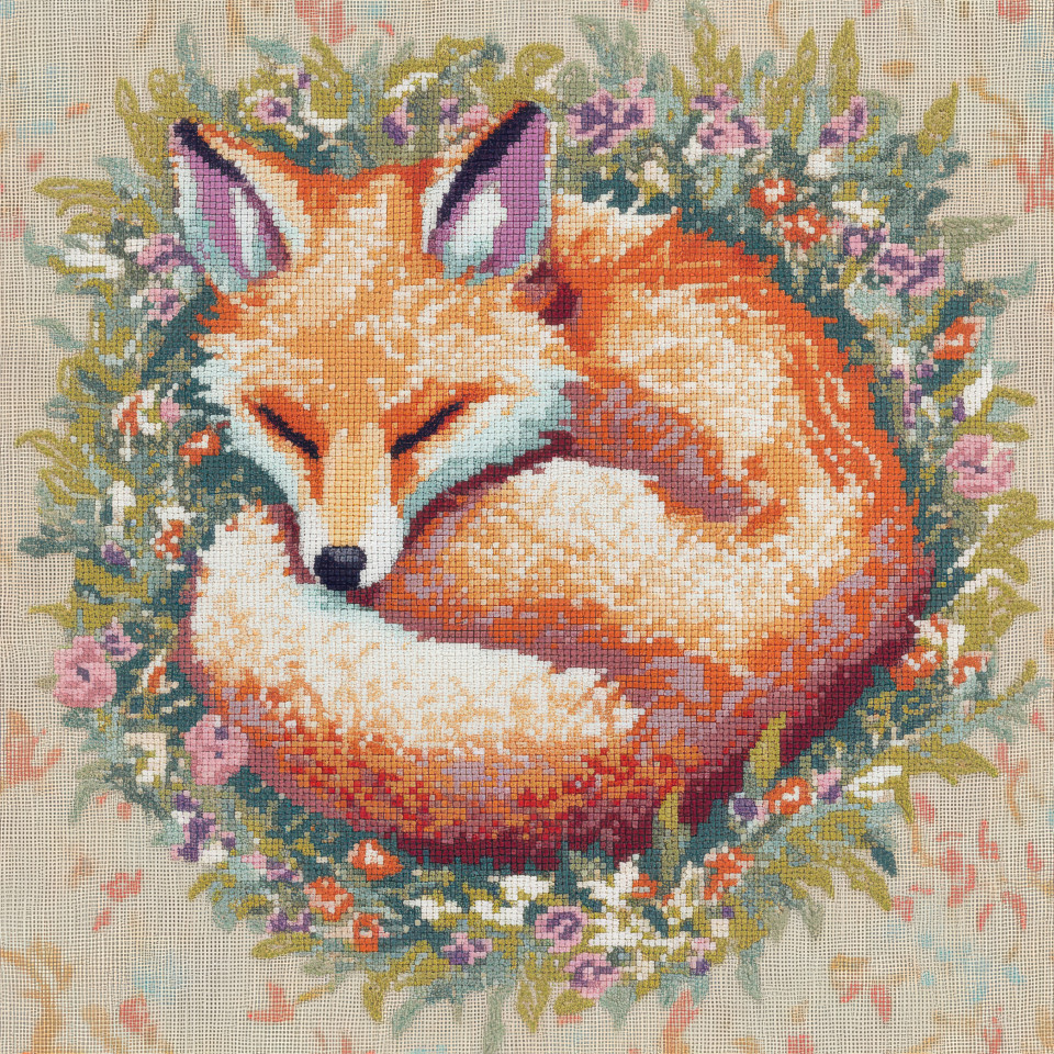 A cross stitched fox curled in cozy warmth, detailed cross stitch patterns, fine embroidery art, warm autumn tones, handmade counted cross stitch patterns for home decor