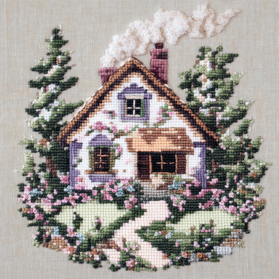 A tiny cross stitched cottage with smoke rising from its chimney, charming countryside embroidery, rustic home decor, cozy counted cross stitch patterns, detailed cross stitching art