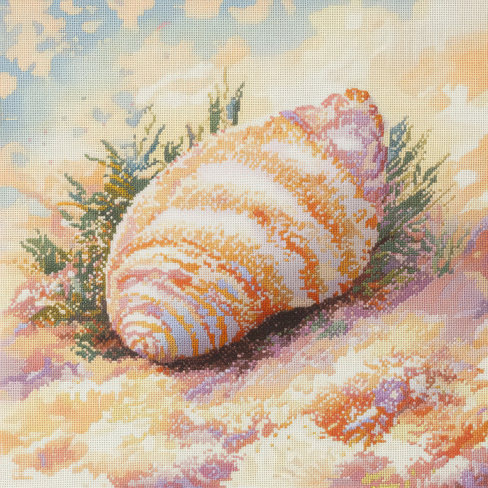A cross stitched seashell resting on soft sand, delicate beach-inspired embroidery, ocean-themed cross stitch patterns, calming coastal decor, intricate counted cross stitch patterns