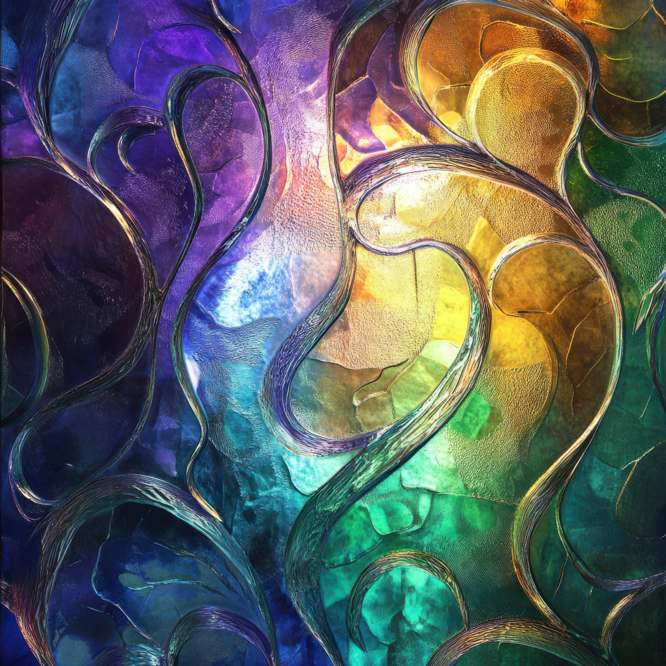 Carnival glass window glowing with radiant rainbow hues, intricate patterns reflecting light beautifully, stunning carnival glass vase, acorn carnival glass home decor