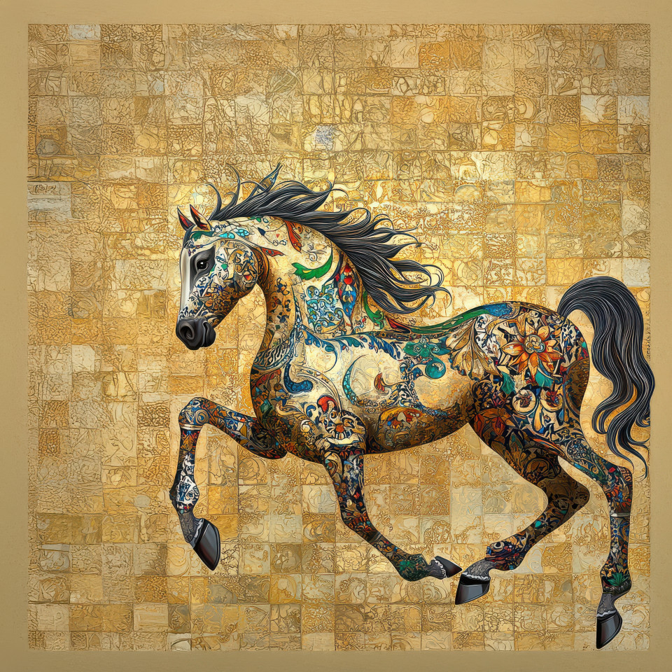 Ornate arabian horse in motion with flowing mane and tail, captured mid-gallop, graceful movement embodies arabesque beauty, inspired by arabesque floral patterns