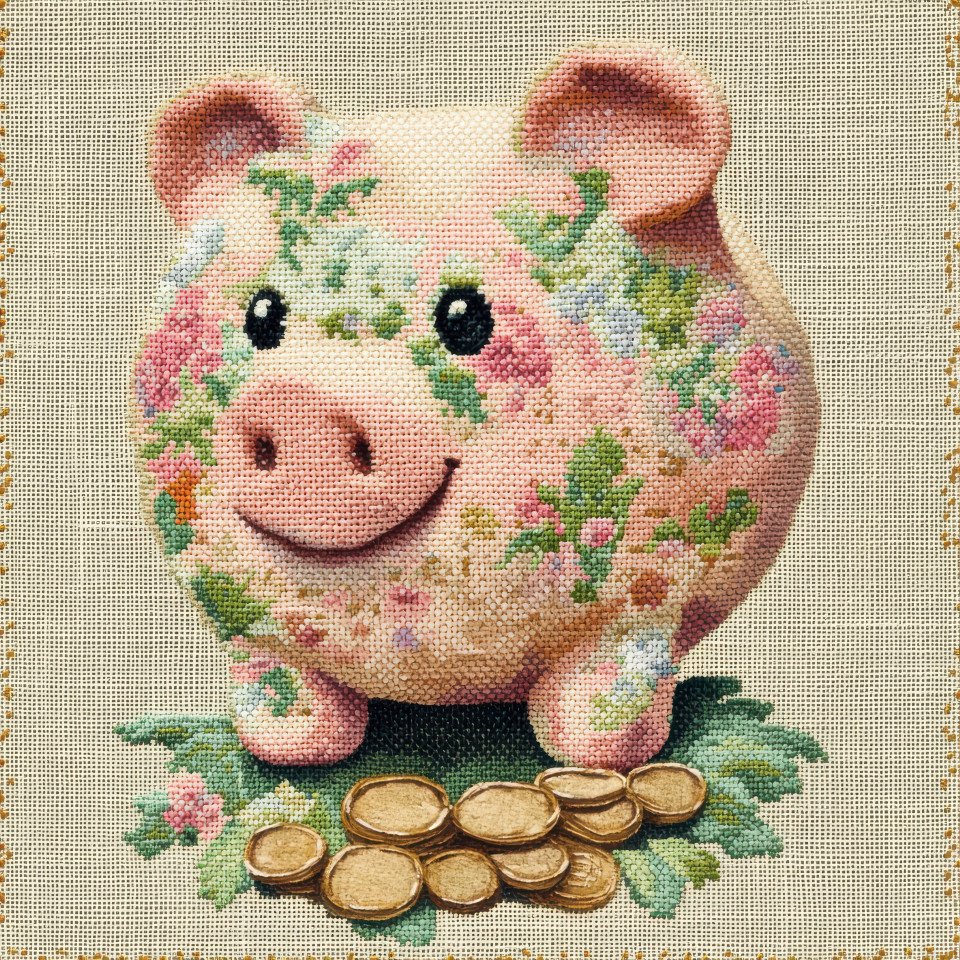 A cross stitched piggy bank filled with coins, symbolizing savings and financial growth, unique embroidery art, creative cross stitch patterns, decorative counted cross stitch patterns