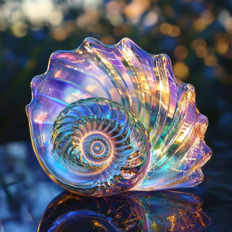 Carnival glass seashell reflecting the sunset, glowing with deep amber and gold tones, elegant collectible carnival glass vase, acorn carnival glass coastal decor