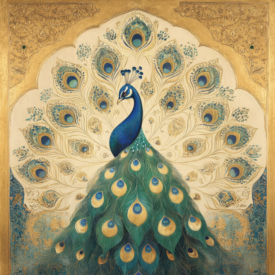 Peacock standing tall with vibrant, flowing arabesque feathers, intricate and decorative, a symbol of elegance with arabesque floral patterns in nature design