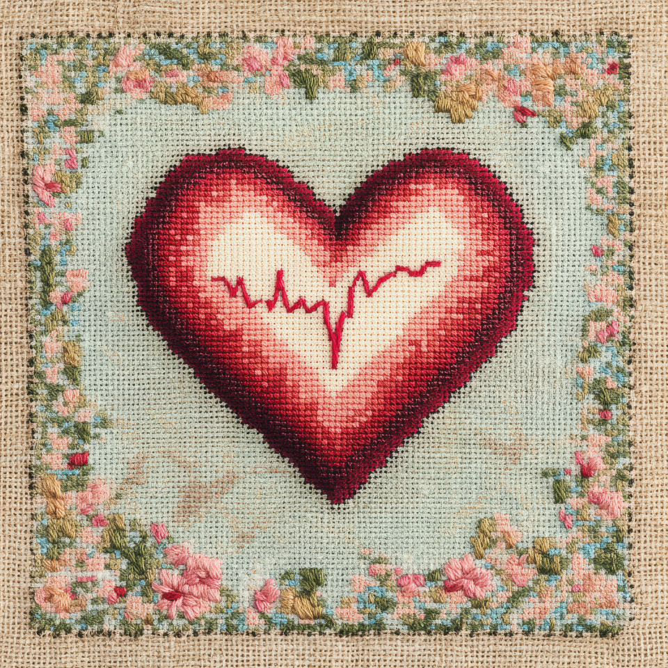 A cross stitched red heart with a heartbeat line, symbolizing love and life, medical and romantic embroidery design, handmade cross stitch patterns, decorative counted cross stitch patterns