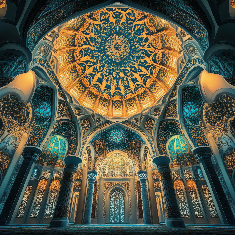 Grand mosque with intricate domes and arabesque architecture, showcasing stunning geometric designs and arabesque floral details in its sacred beauty