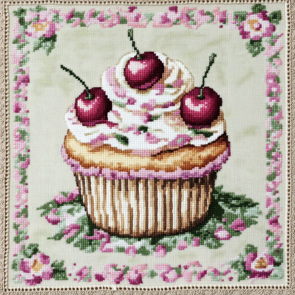 A cross stitched cupcake topped with cherries, sweet bakery-inspired embroidery, charming dessert decor, colorful cross stitch patterns, delightful counted cross stitch patterns for kitchens