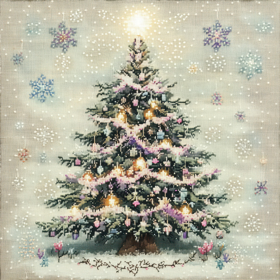 A cross stitched christmas tree with twinkling lights, festive holiday embroidery, warm seasonal decor, intricate cross stitch patterns, decorative counted cross stitch patterns for christmas